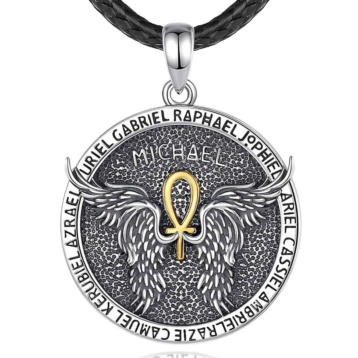 St Michael Archangel Necklace with Ankh Wings 24inch Rope Xenos Jewelry