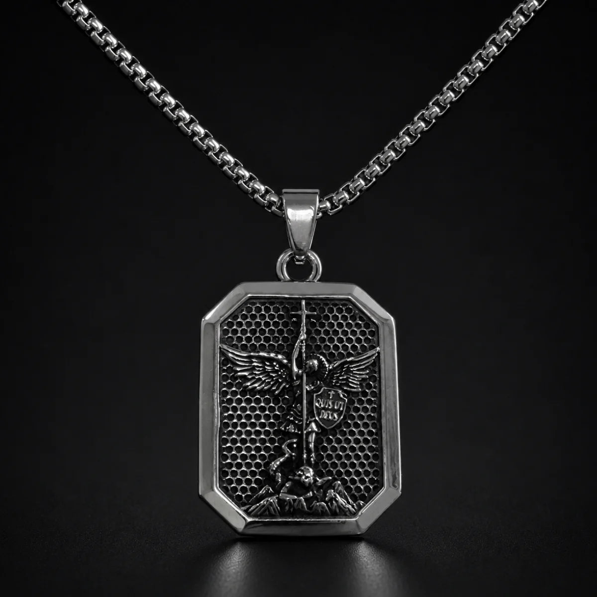St Michael Dog Tag Necklace Silver Close Up Black Background