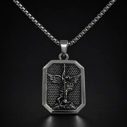 St Michael Dog Tag Necklace Silver Close Up Black Background