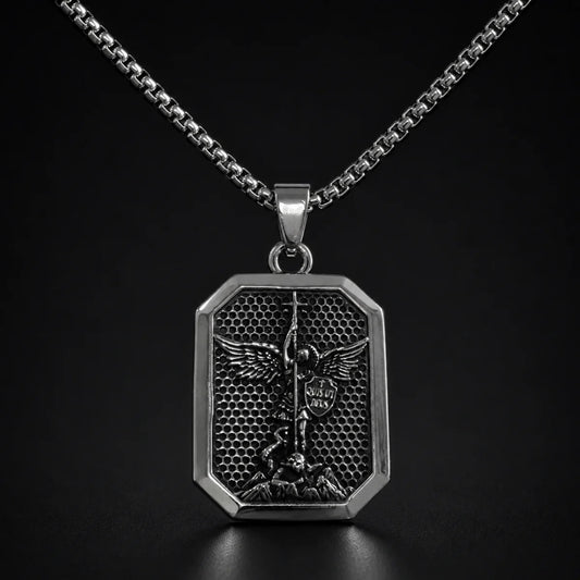 St Michael Dog Tag Necklace Silver Close Up Black Background