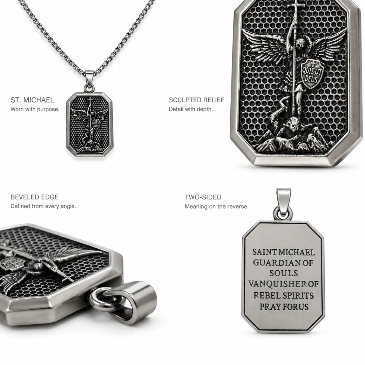 St Michael Dog Tag Necklace Silver Details and Engraving Features Infographic