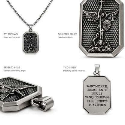St Michael Dog Tag Necklace Silver Details and Engraving Features Infographic