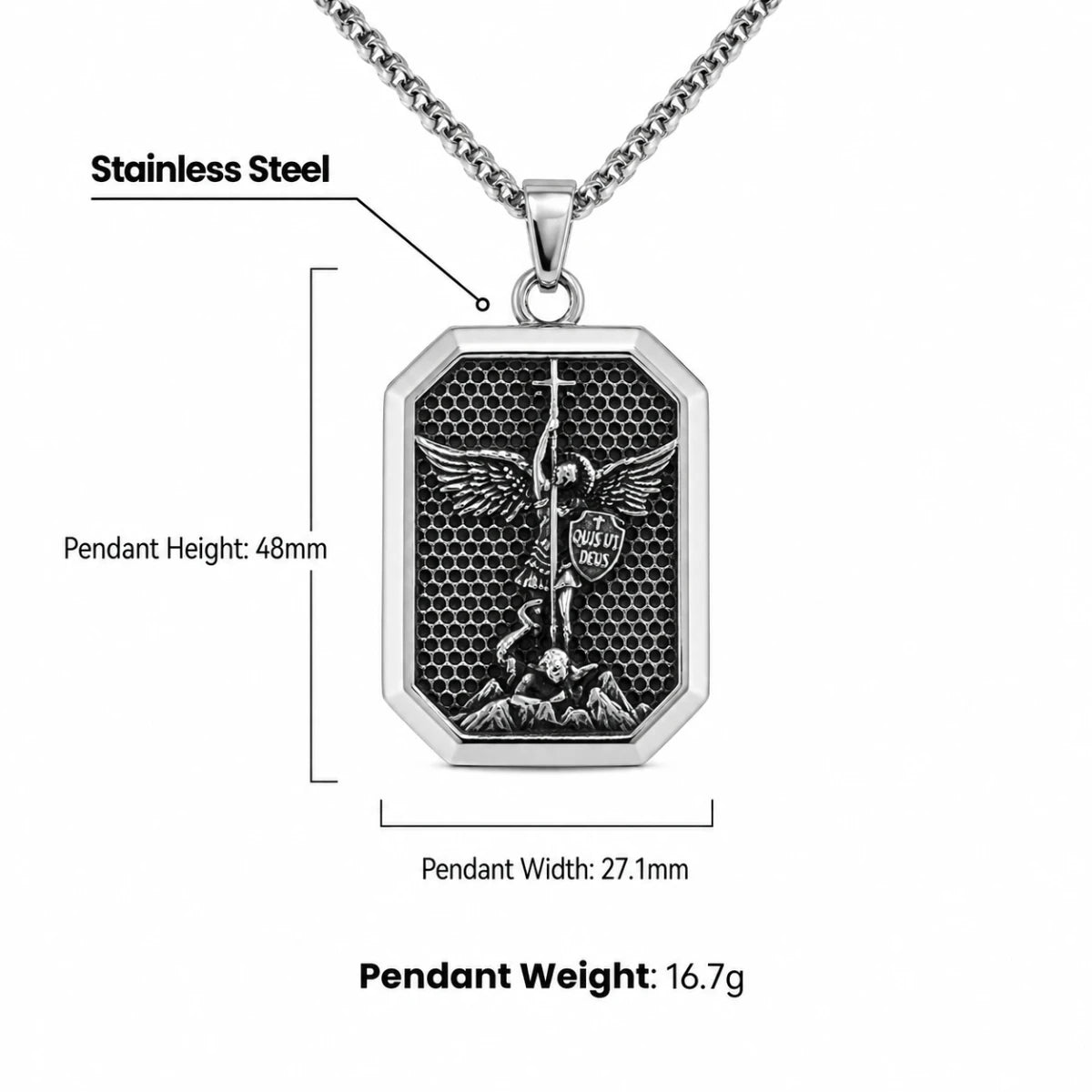 St Michael Dog Tag Necklace Silver Dimensions and Weight Infographic