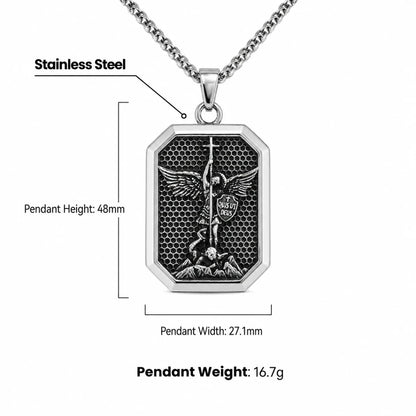 St Michael Dog Tag Necklace Silver Dimensions and Weight Infographic