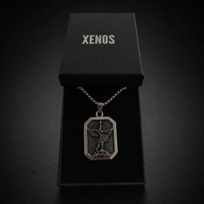 St Michael Dog Tag Necklace Silver Displayed in Xenos Jewelry Box