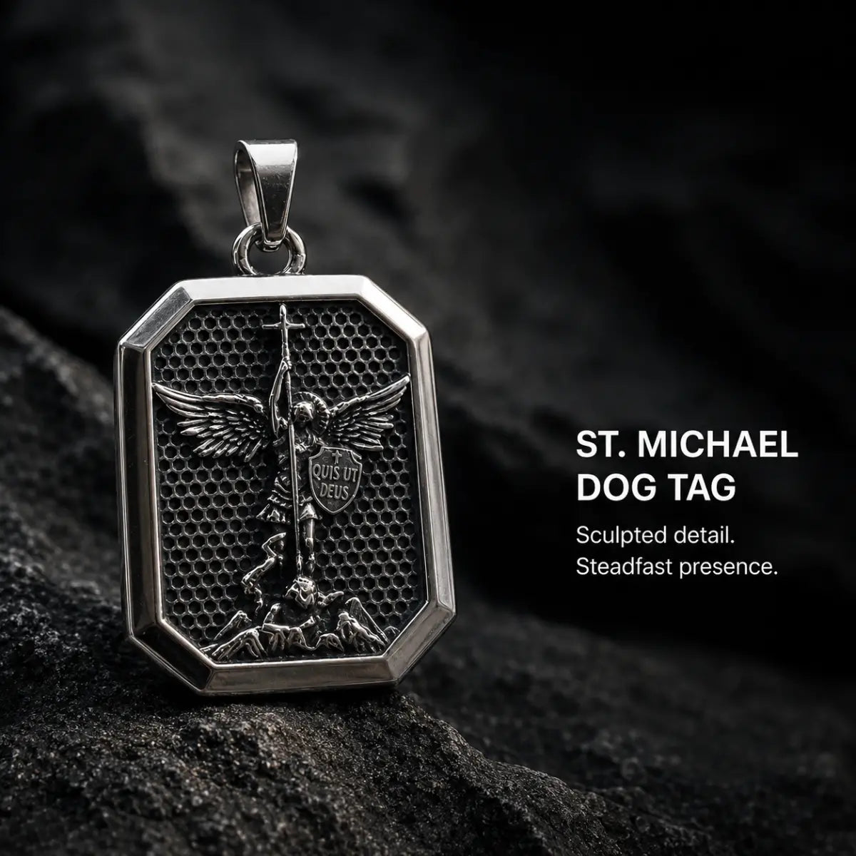 St Michael Dog Tag Necklace Silver Displayed on Stone Surface