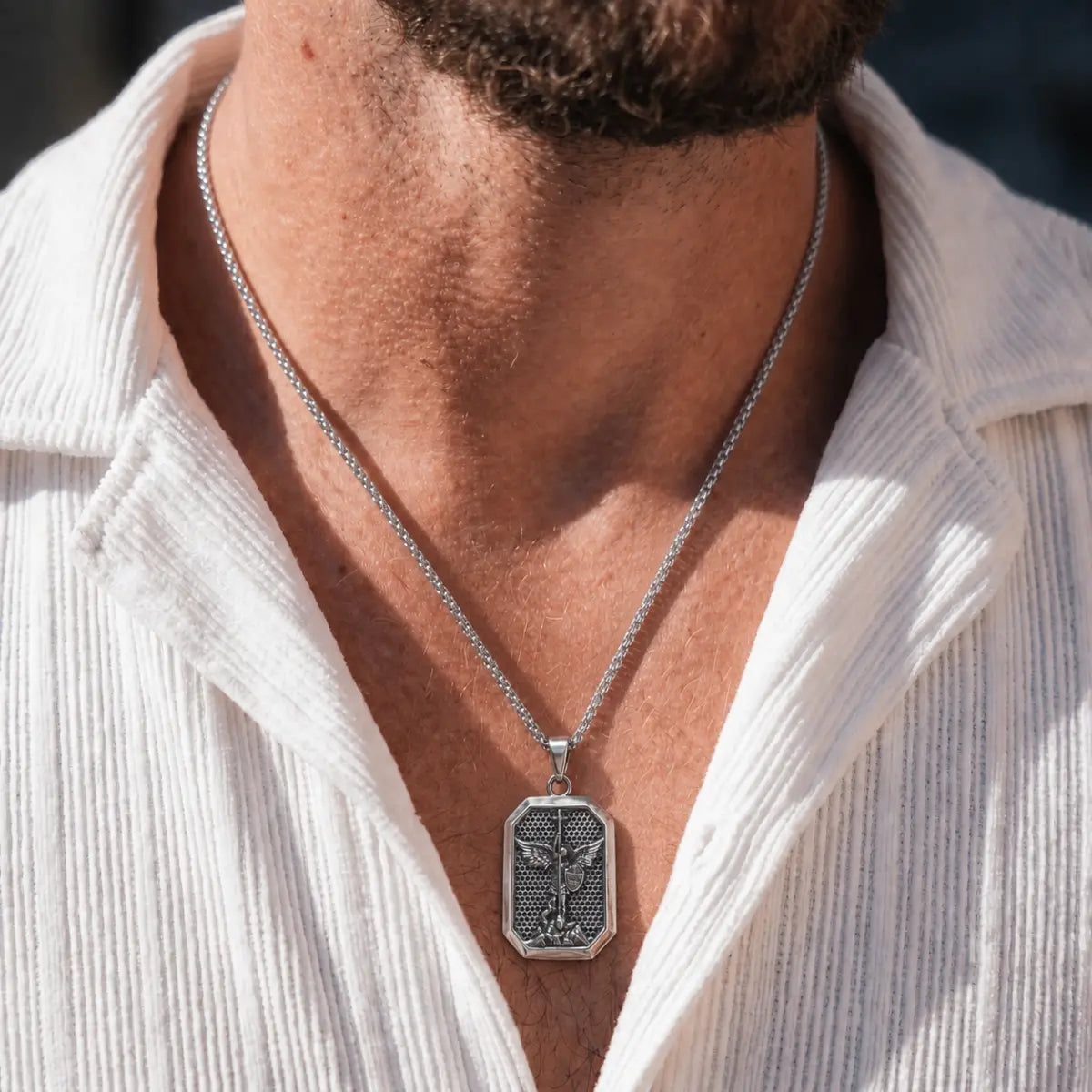 St Michael Dog Tag Necklace Silver Worn by Male Model