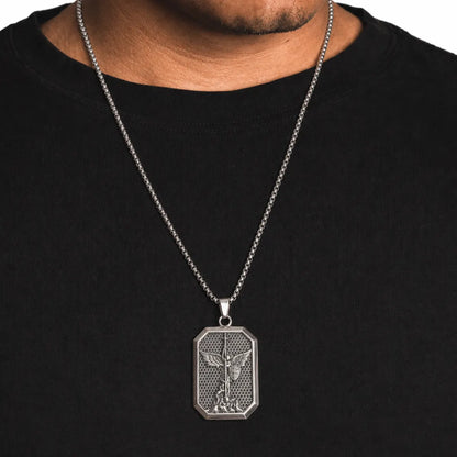 St Michael Dog Tag Necklace Silver Worn by Model Dark Top