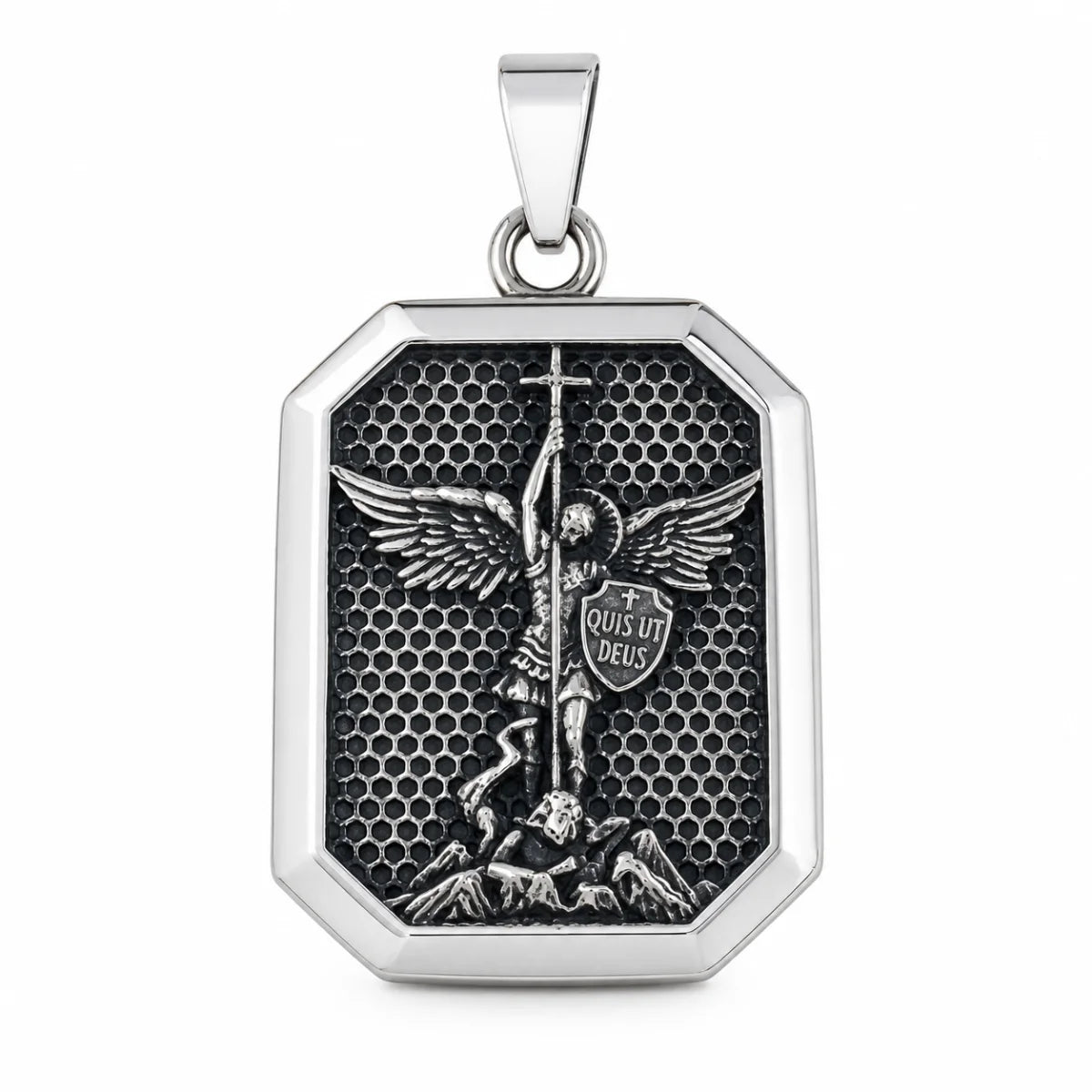 St Michael Dog Tag Silver Pendant Only Front View White Background