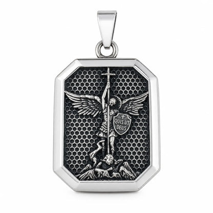 St Michael Dog Tag Silver Pendant Only Front View White Background