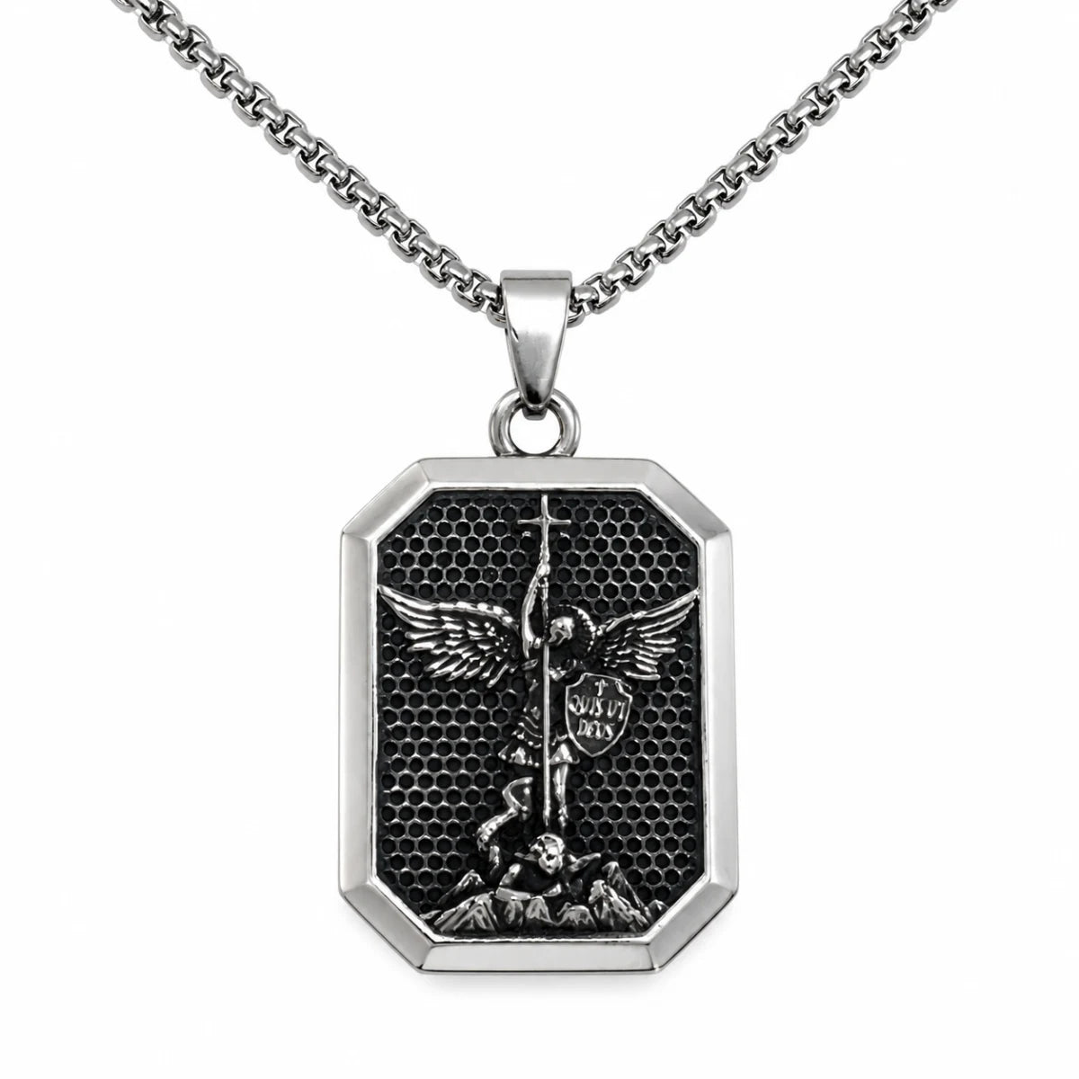 St Michael Dog Tag Silver Pendant with Chain Front View White Background