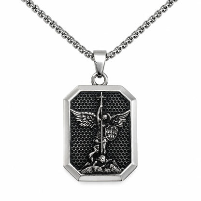 St Michael Dog Tag Silver Pendant with Chain Front View White Background