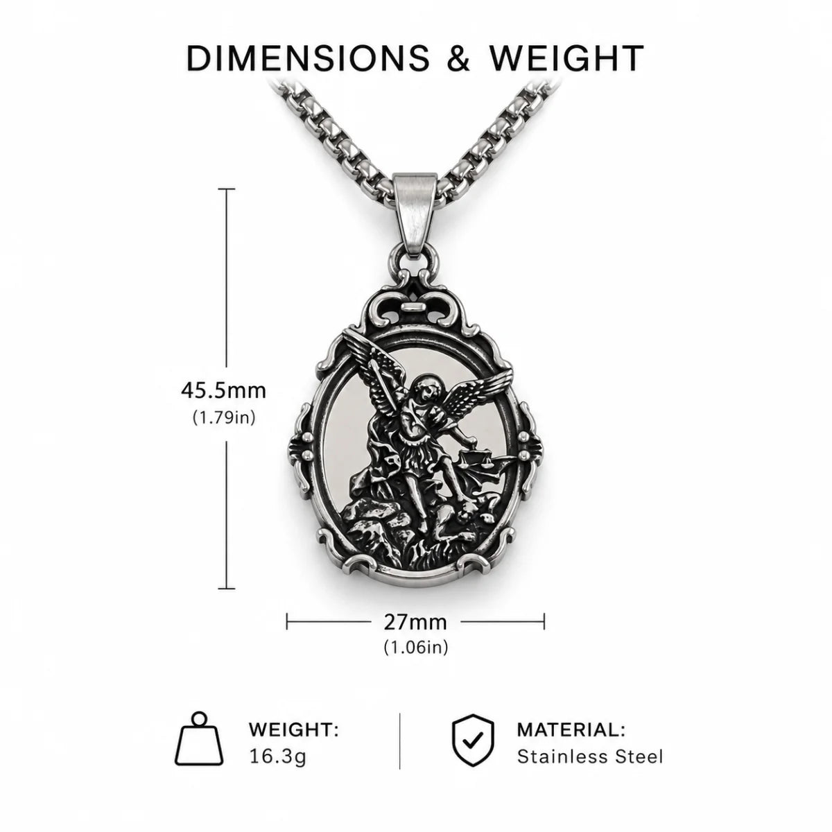 St Michael Mirror Necklace Dimension Diagram 47.8mm 1.88inch and 28.5mm 1.12inch 19.8g 0.70oz
