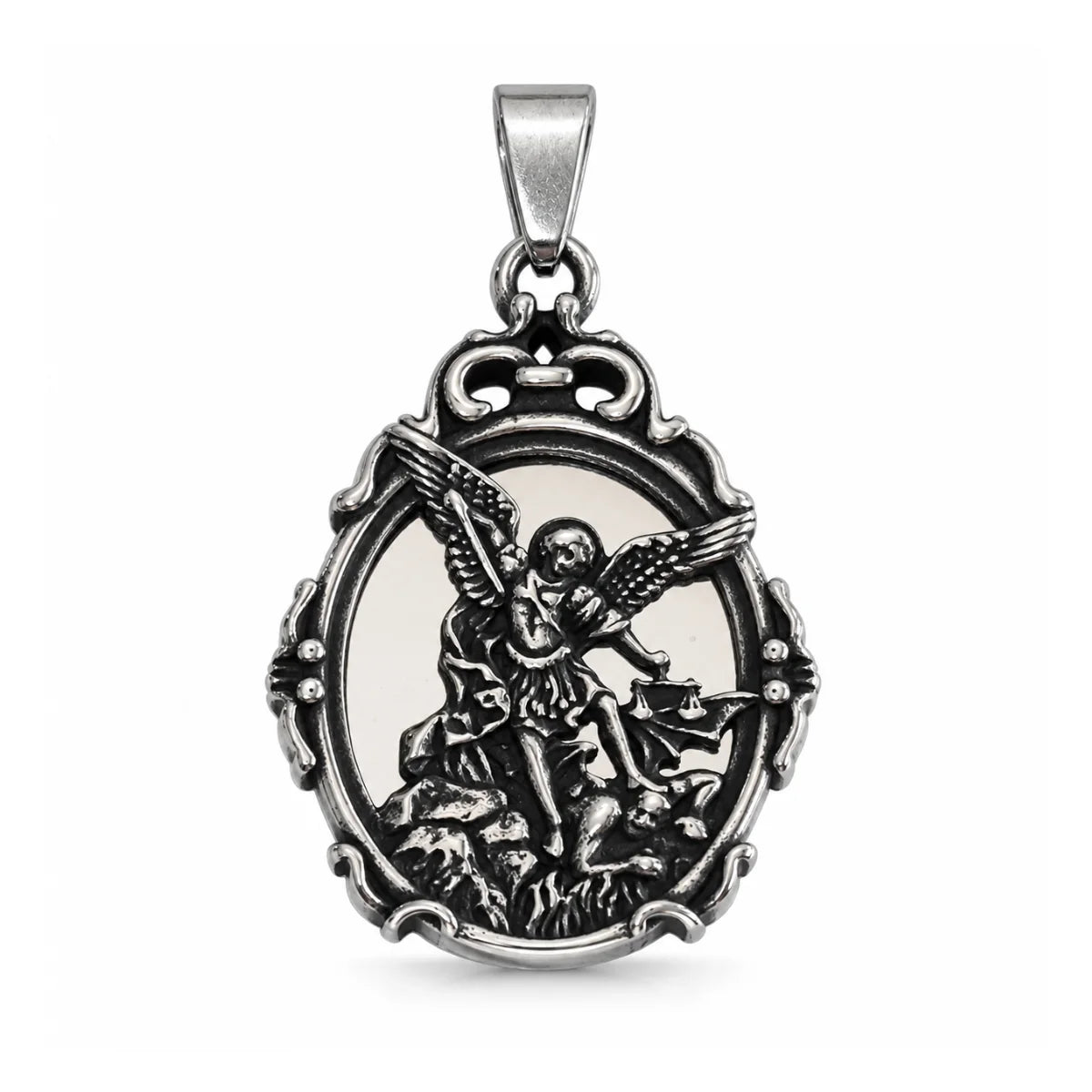 St Michael Mirror Necklace Pendant Detail View White Background