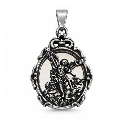 St Michael Mirror Necklace Pendant Detail View White Background