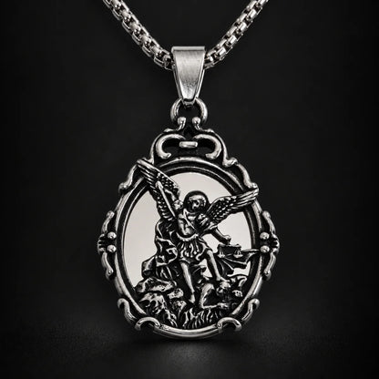 St Michael Mirror Necklace Pendant Displayed Black Background