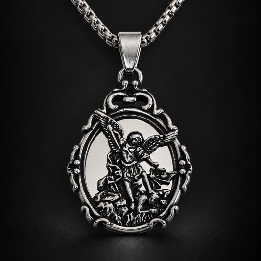 St Michael Mirror Necklace Pendant Displayed Black Background