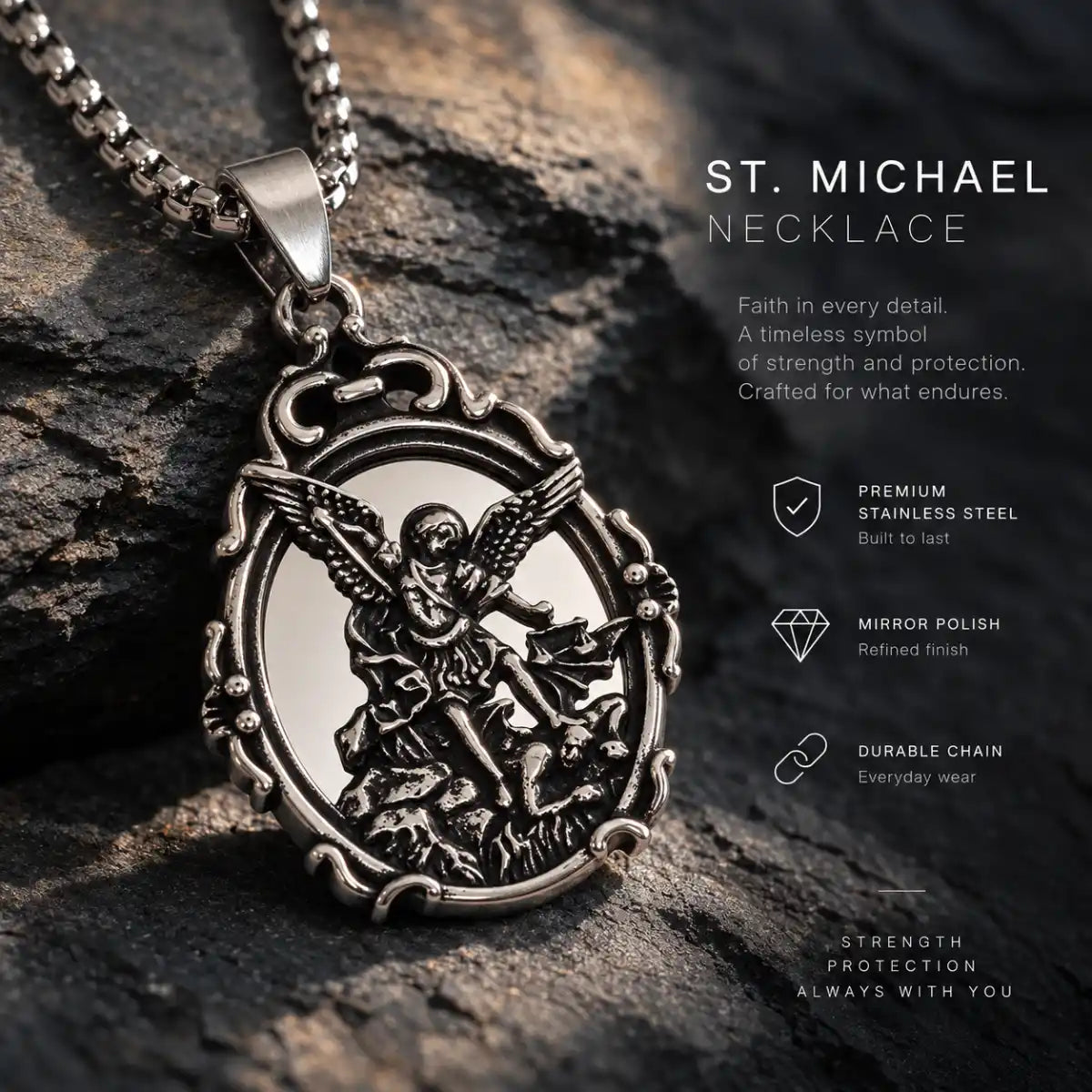 St Michael Mirror Necklace Pendant Displayed on Stone Surface