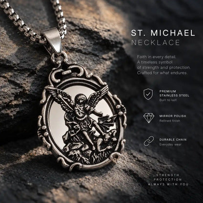 St Michael Mirror Necklace Pendant Displayed on Stone Surface