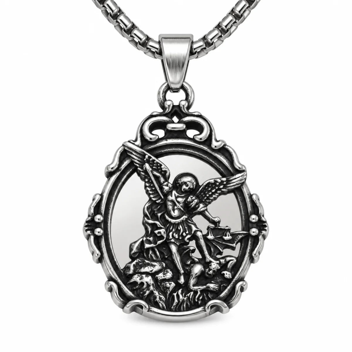 St Michael Mirror Necklace Pendant with Chain Front View White Background