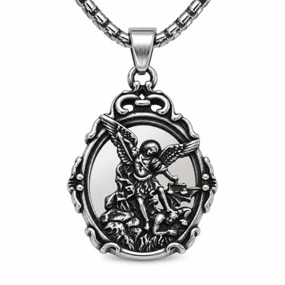 St Michael Mirror Necklace Pendant with Chain Front View White Background