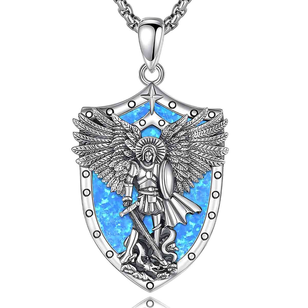 St Michael Necklace with Abalone Shell Blue with 18 inch Chain Xenos Jewelry