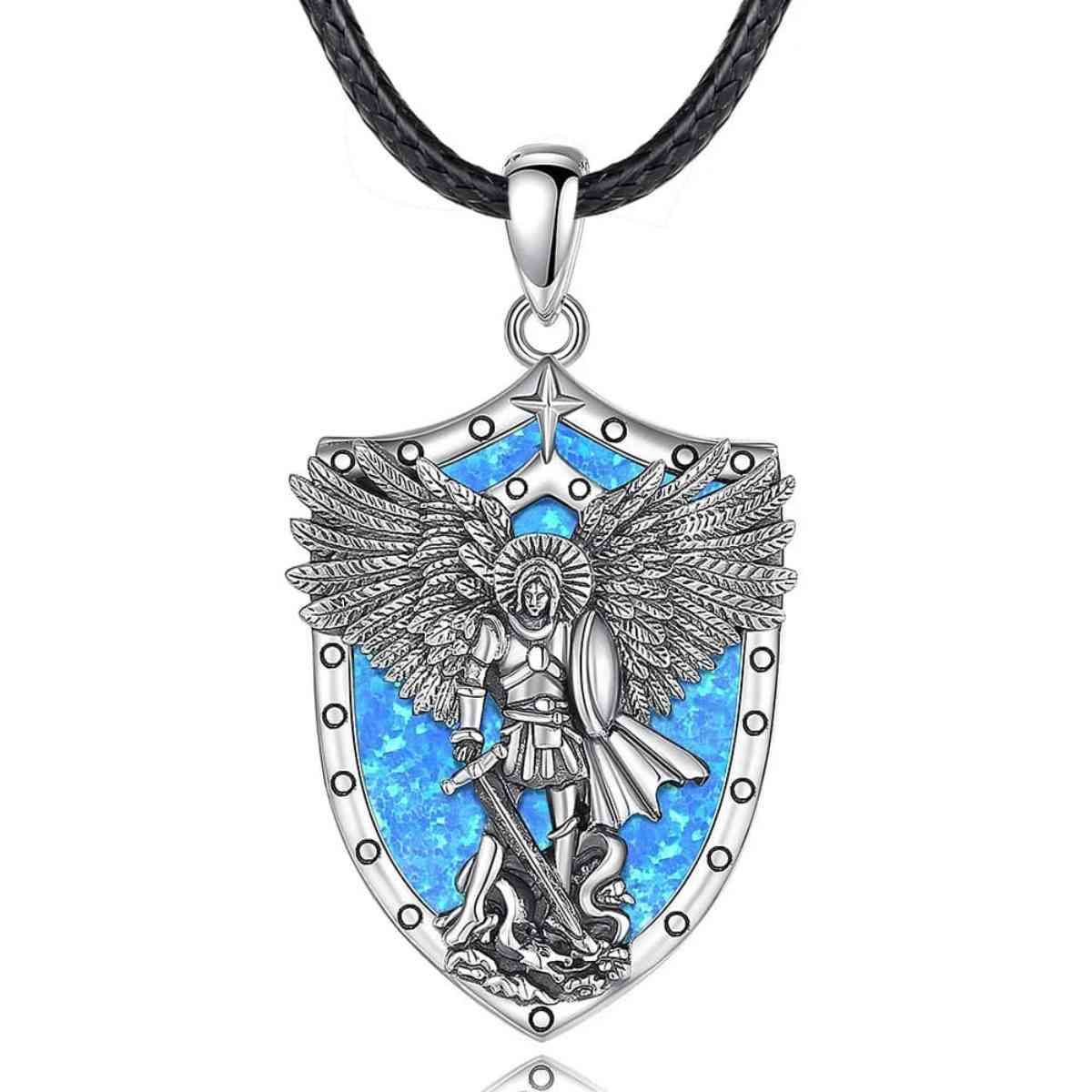 St Michael Necklace with Abalone Shell Blue with 24 inch Rope Xenos Jewelry