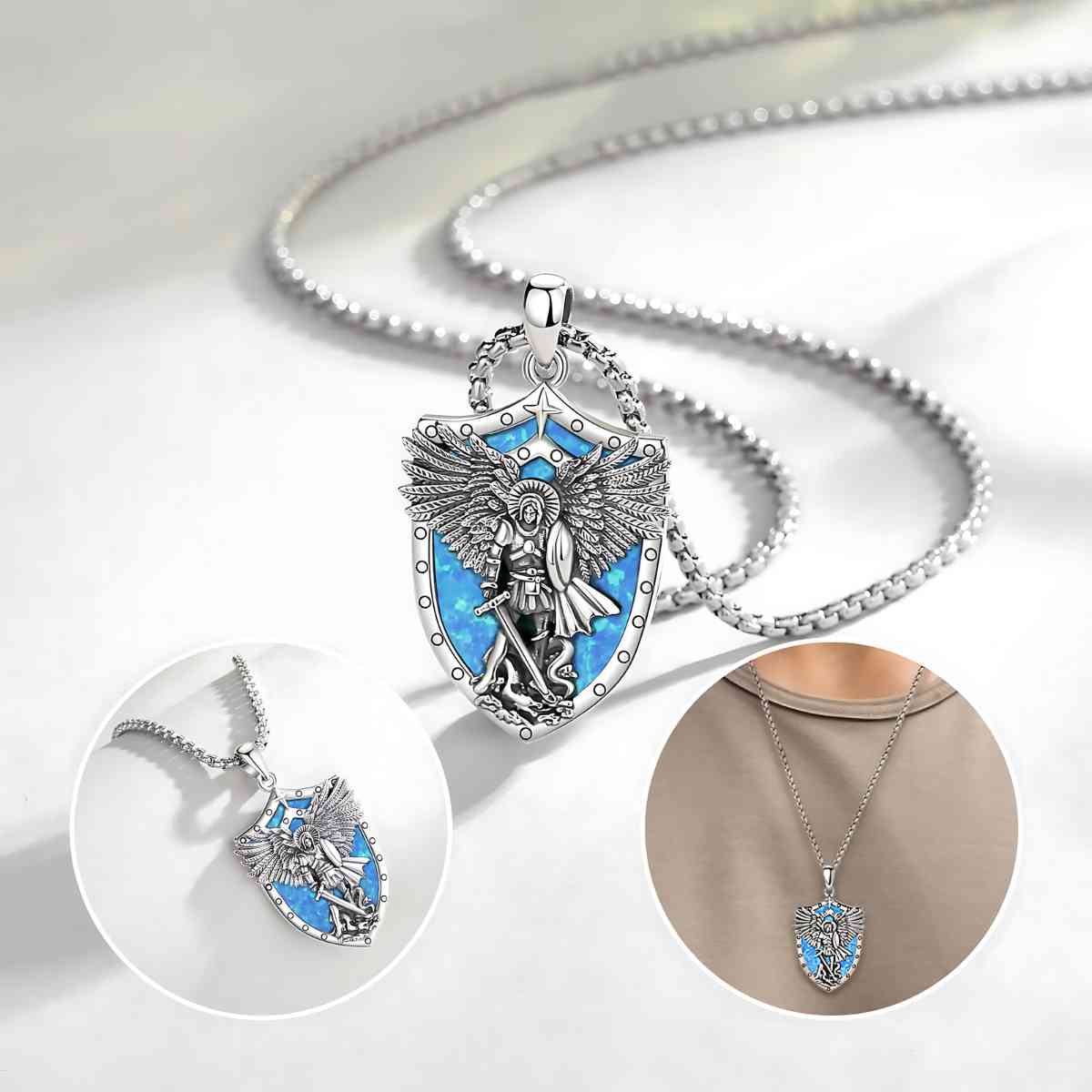 St Michael Necklace with Abalone Shell Displayed on White Background Xenos Jewelry 