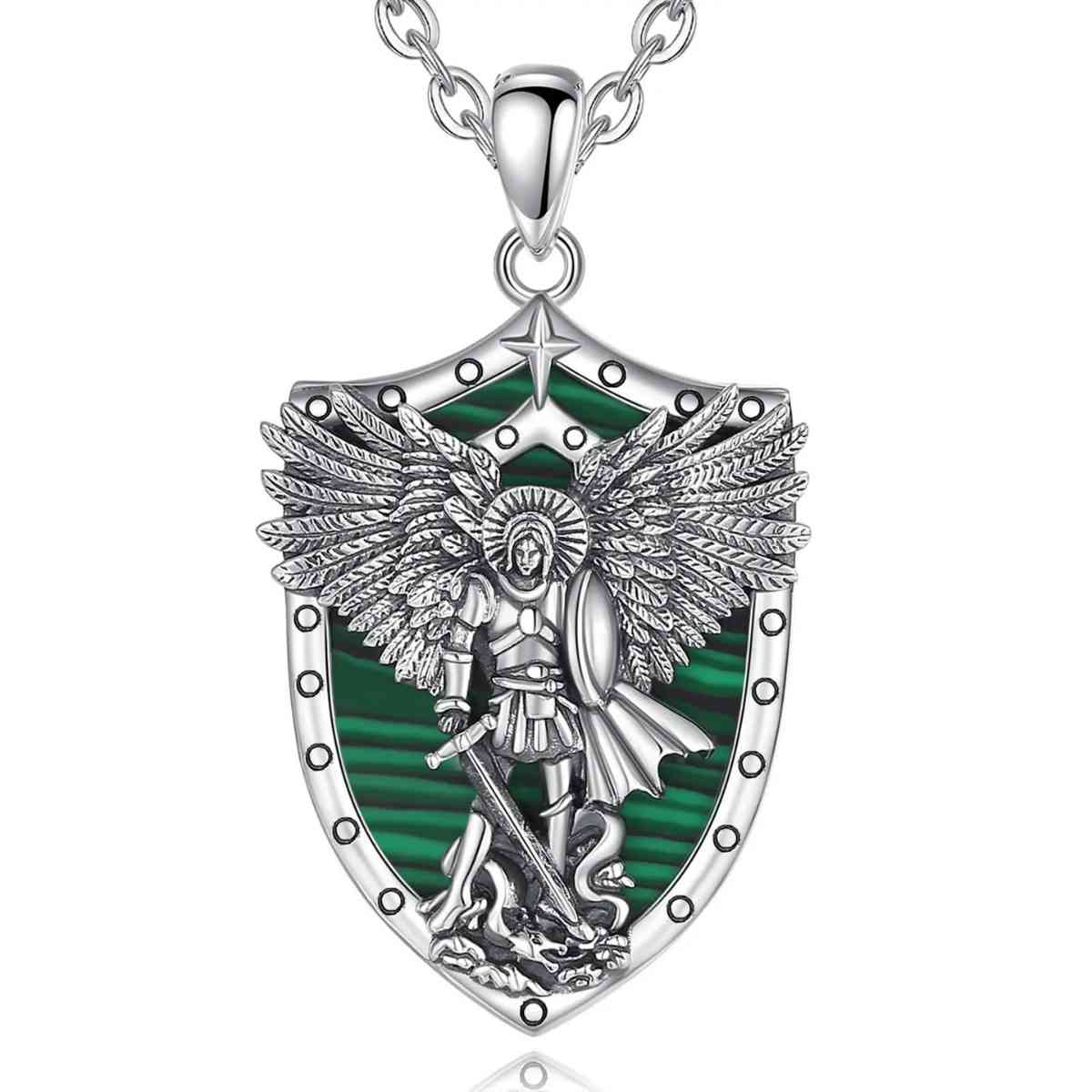 St Michael Necklace with Abalone Shell Green with 18 inch Chain Xenos Jewelry