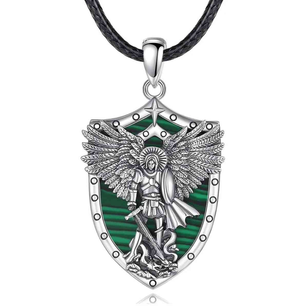 St Michael Necklace with Abalone Shell Green with 24inch Rope Xenos Jewelry