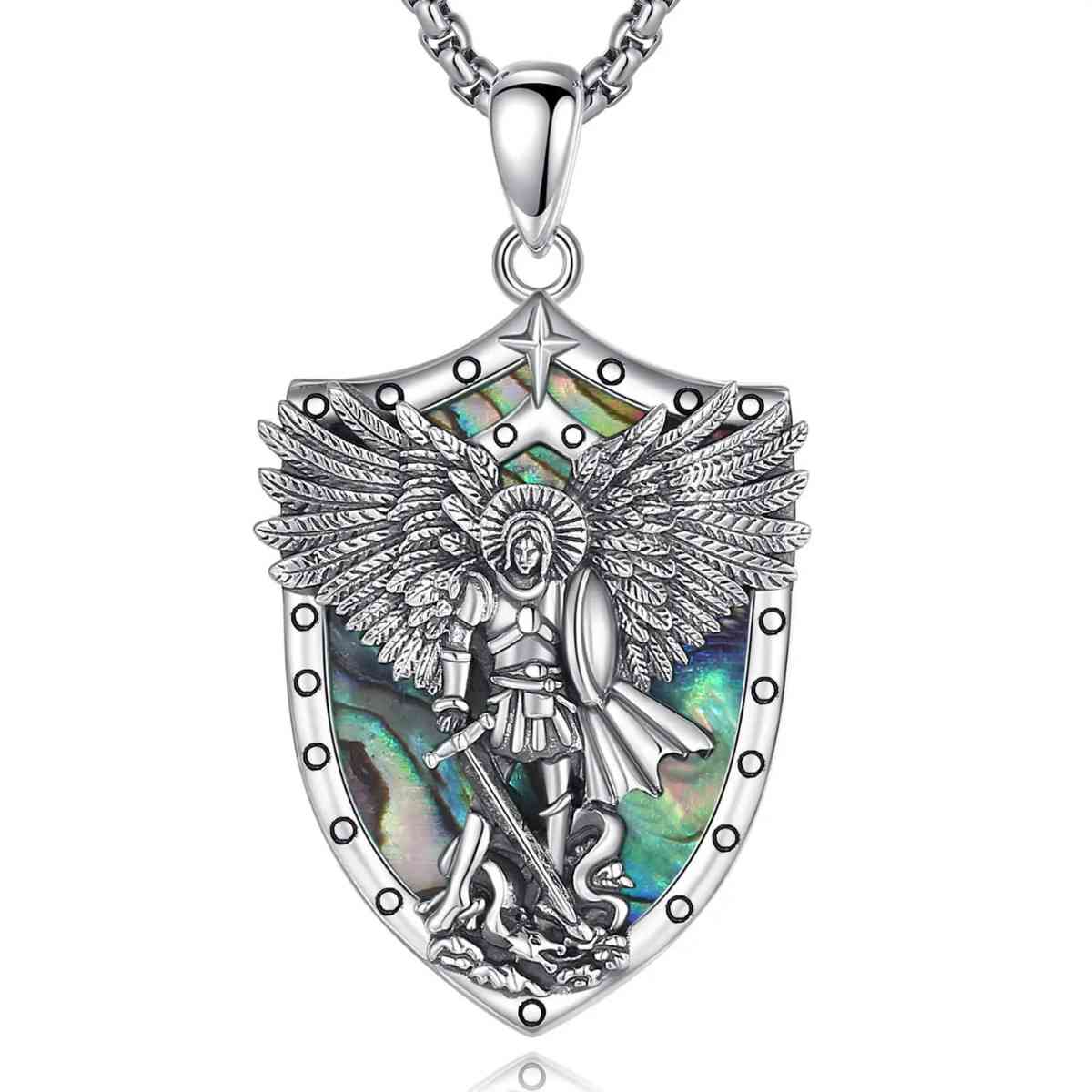 St Michael Necklace with Abalone Shell Multicolor with 18 inch Chain Xenos Jewelry