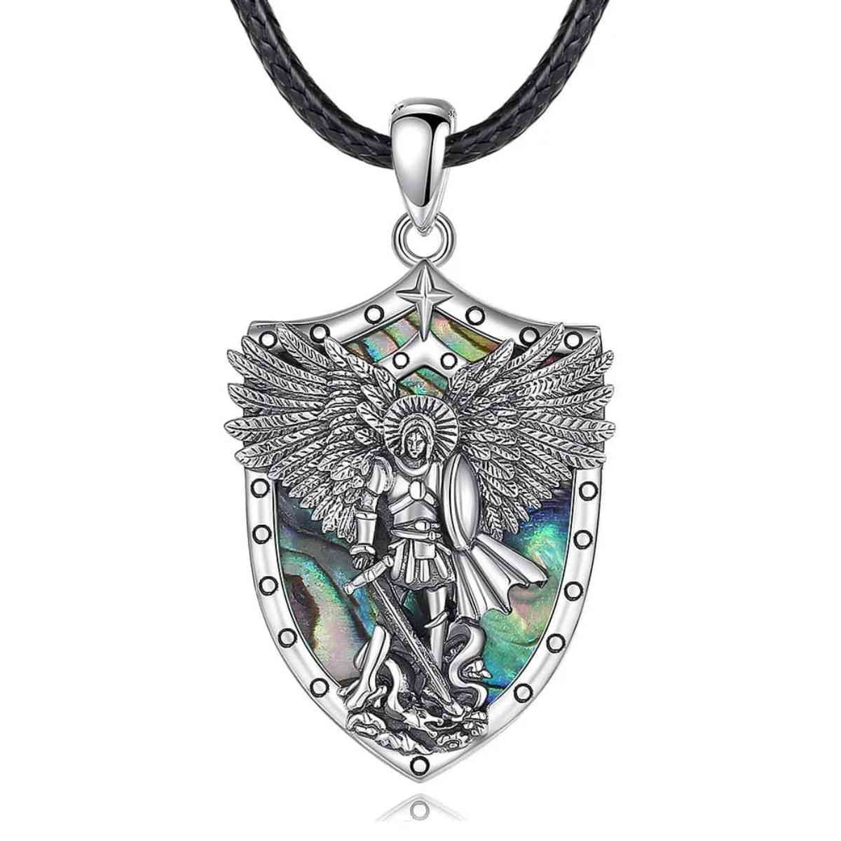 St Michael Necklace with Abalone Shell Multicolor with 24 inch Rope Xenos Jewelry