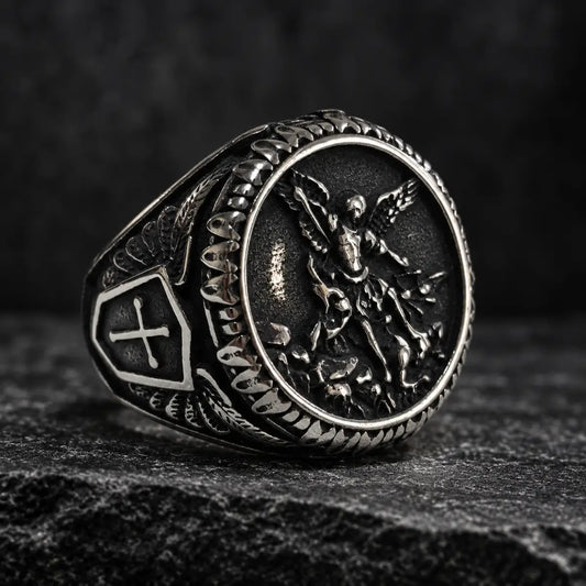 St Michael Ring Vintage Silver Close Up Black Background