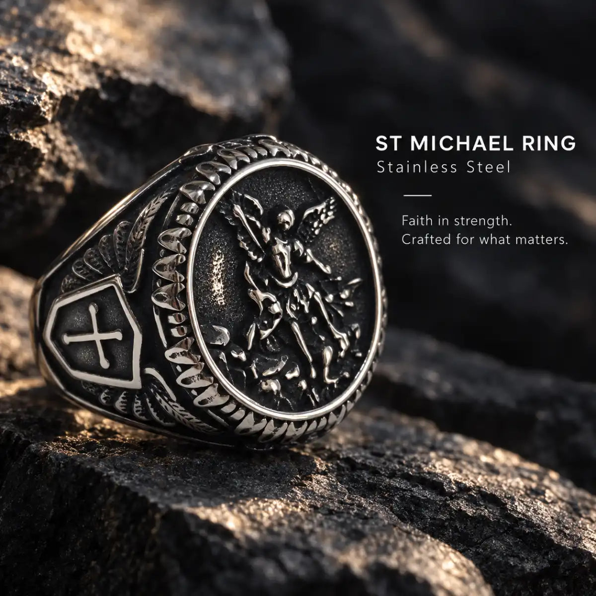 St Michael Ring Vintage Silver Displayed on Stone Surface