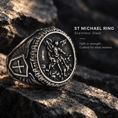 St Michael Ring Vintage Silver Displayed on Stone Surface