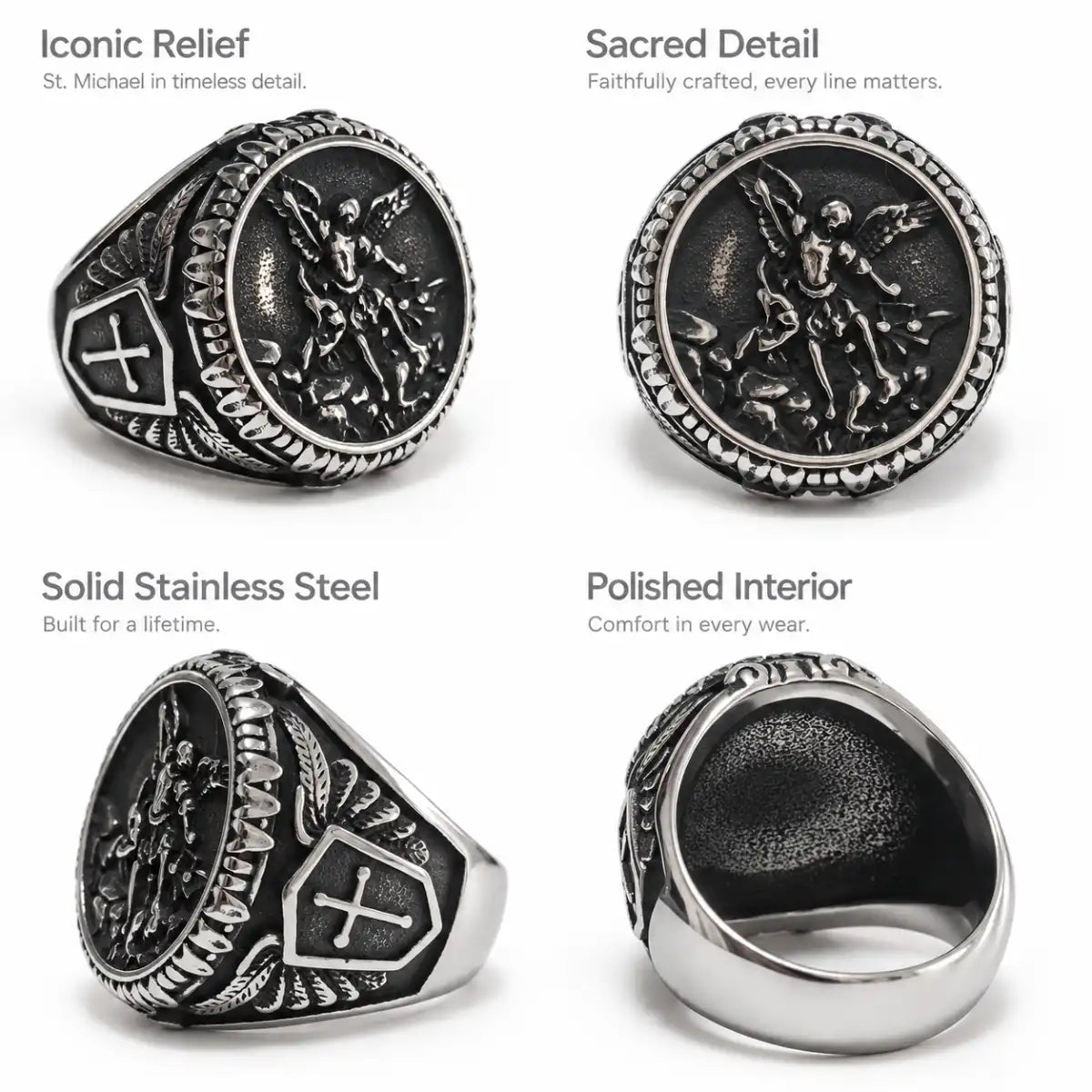 St Michael Ring Vintage Silver Multi Angle Details Showcase