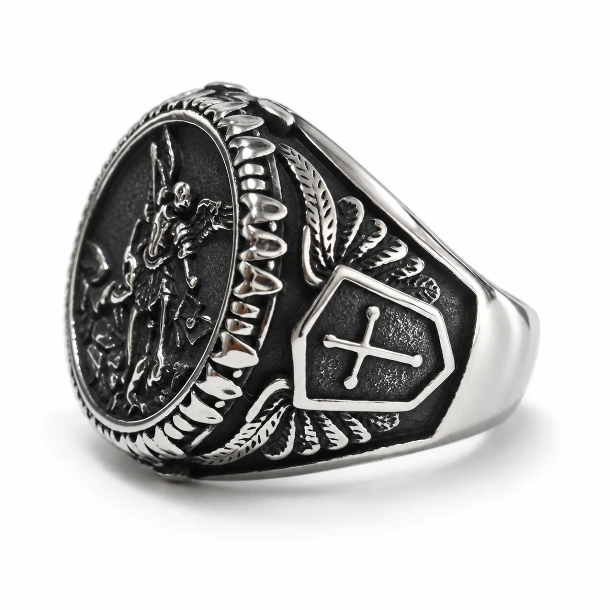St Michael Ring Vintage Silver Side View White Background
