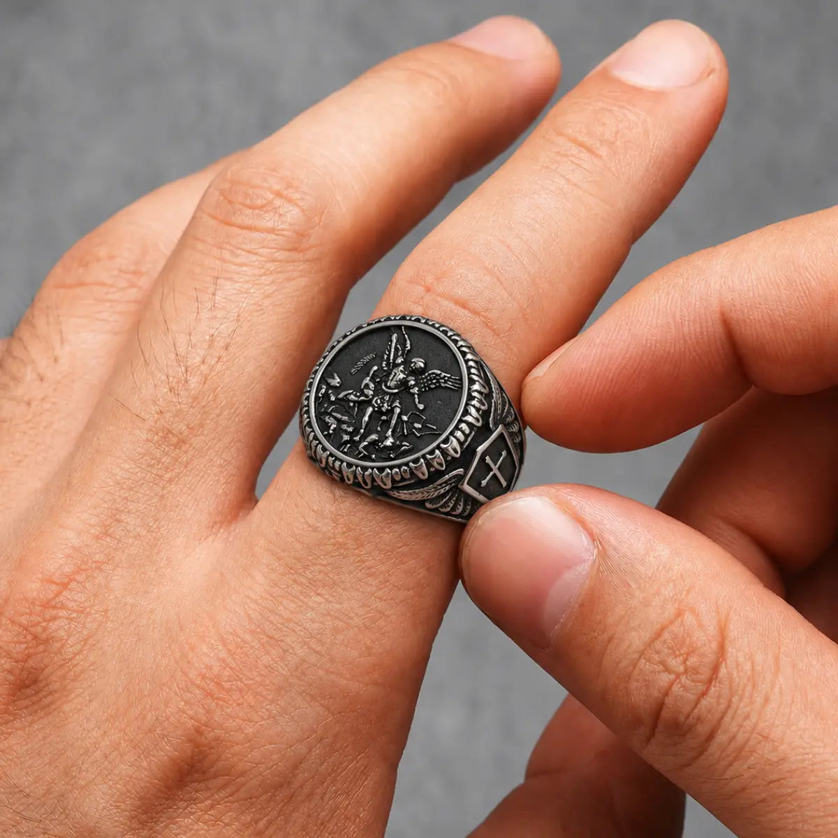 St Michael Ring Vintage Silver Worn on Index Finger Close Up