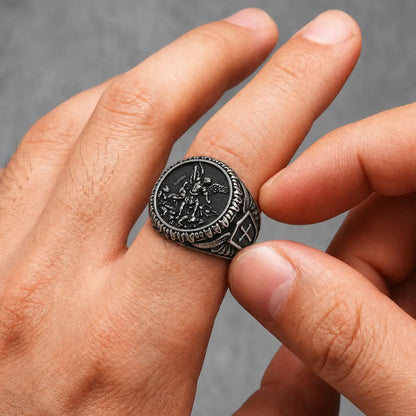 St Michael Ring Vintage Silver Worn on Index Finger Close Up