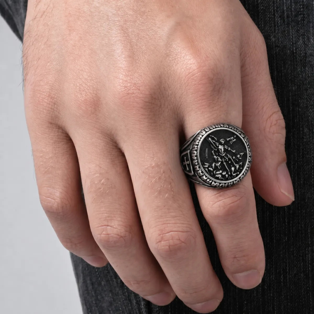 St Michael Ring Vintage Silver Worn on Ring Finger Hand View