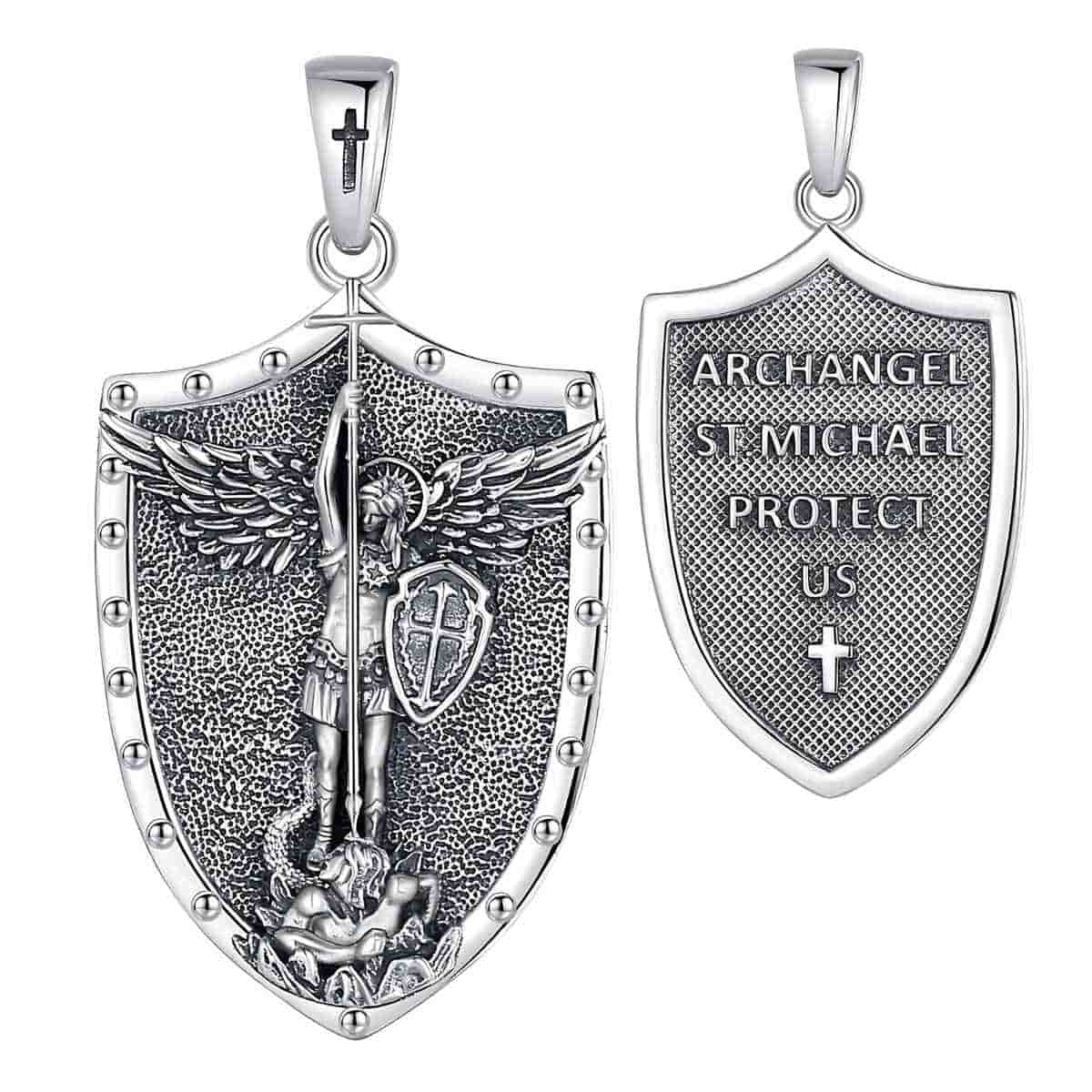 Saint St Michael Shield Medal Pendant Necklace, Antiqued Silver Zinc Saint St Michael Shield Medal Pendant Necklace, Antiqued Silver Zinc