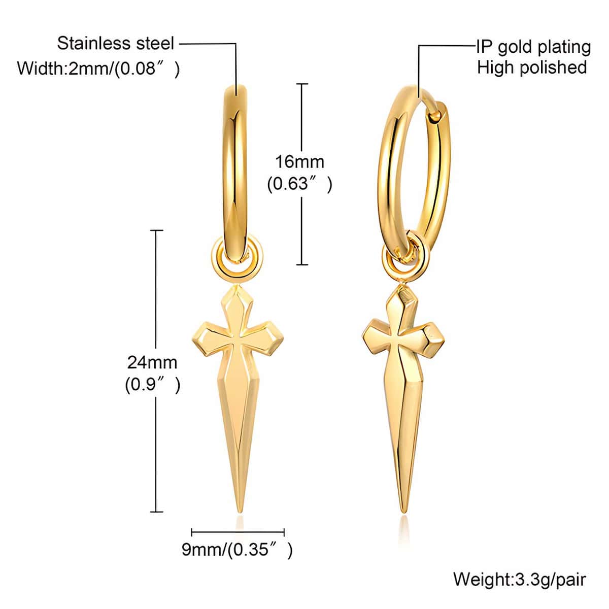 Stainless Steel Dagger Earrings Mens Gold Xenos Jewelry