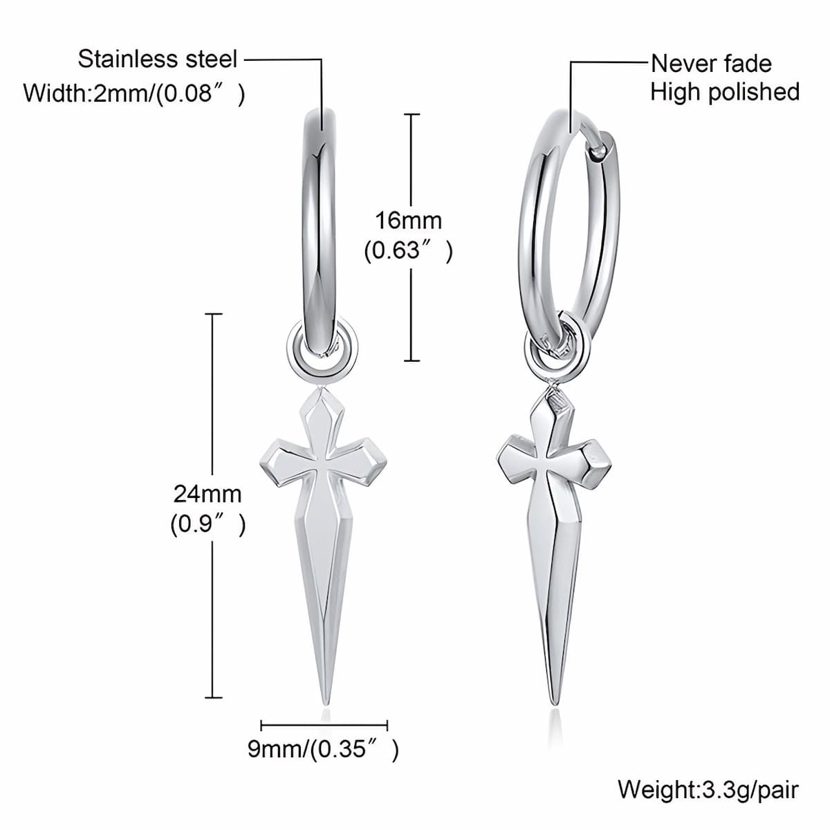Stainless Steel Dagger Earrings Mens Silver Xenos Jewelry