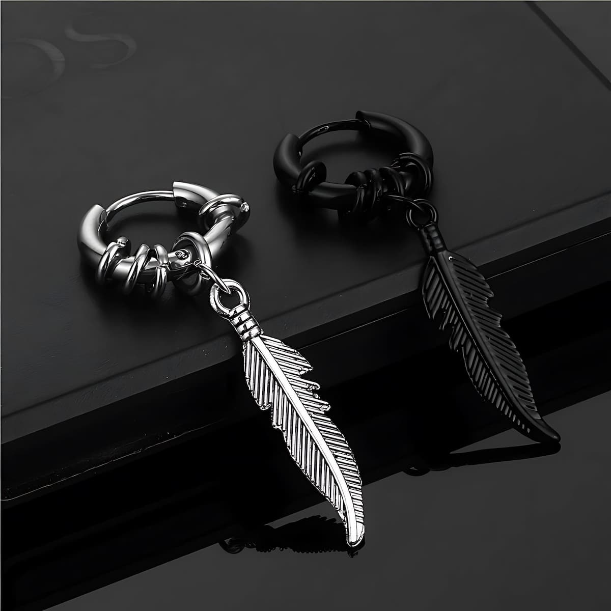 Stainless Steel Feather Earrings Black and Silver Xenos Jewelry