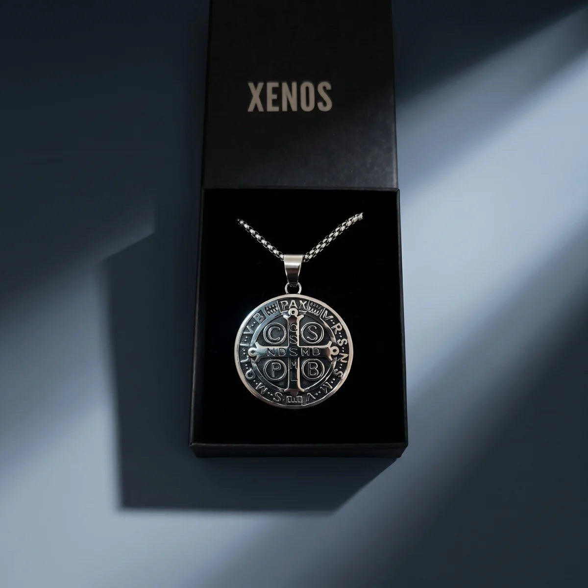 Stainless Steel St Benedict Medal Silver Inside a Xenos Jewelry Box