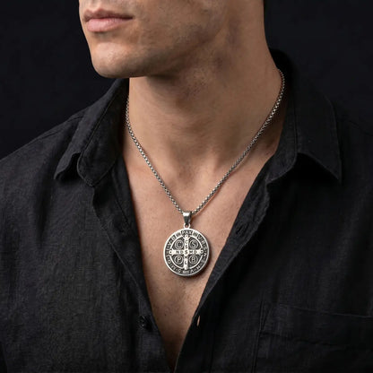 Stainless Steel St Benedict Medal Silver Necklace Worn by Man Model
