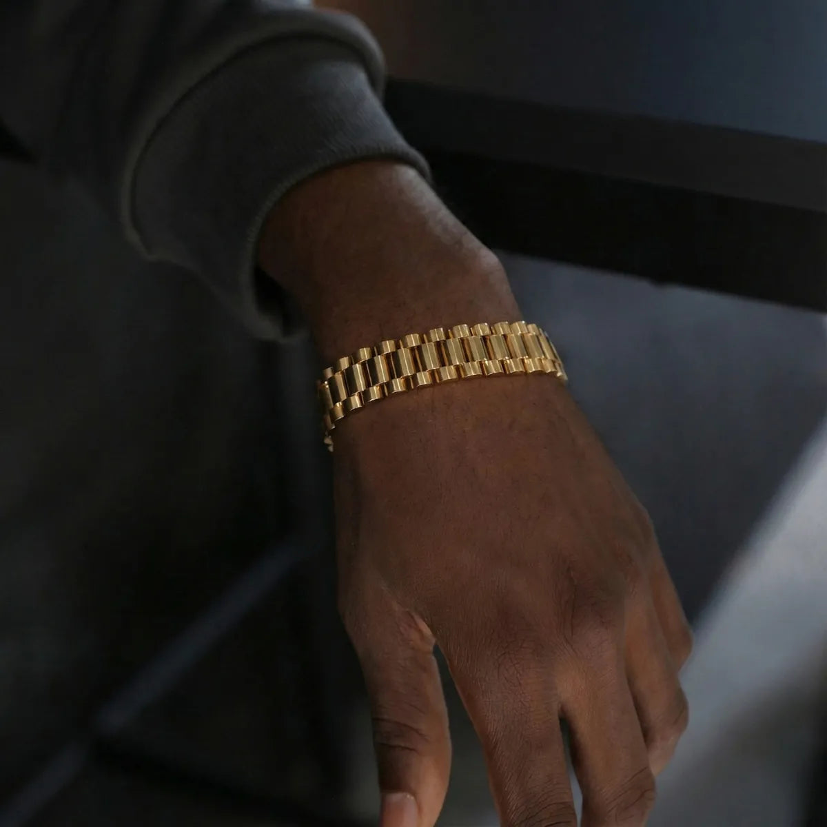 Stainless Steel Watch Band Chain Bracelet Gold 15mm Worn by Male Model