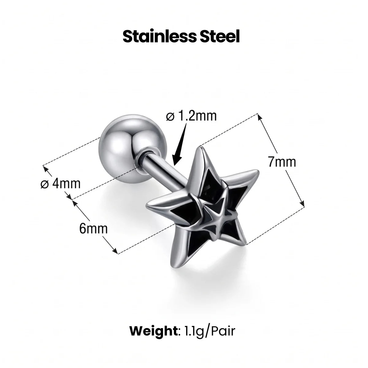 Star Cartilage Stud Earrings Silver Dimensions and Details