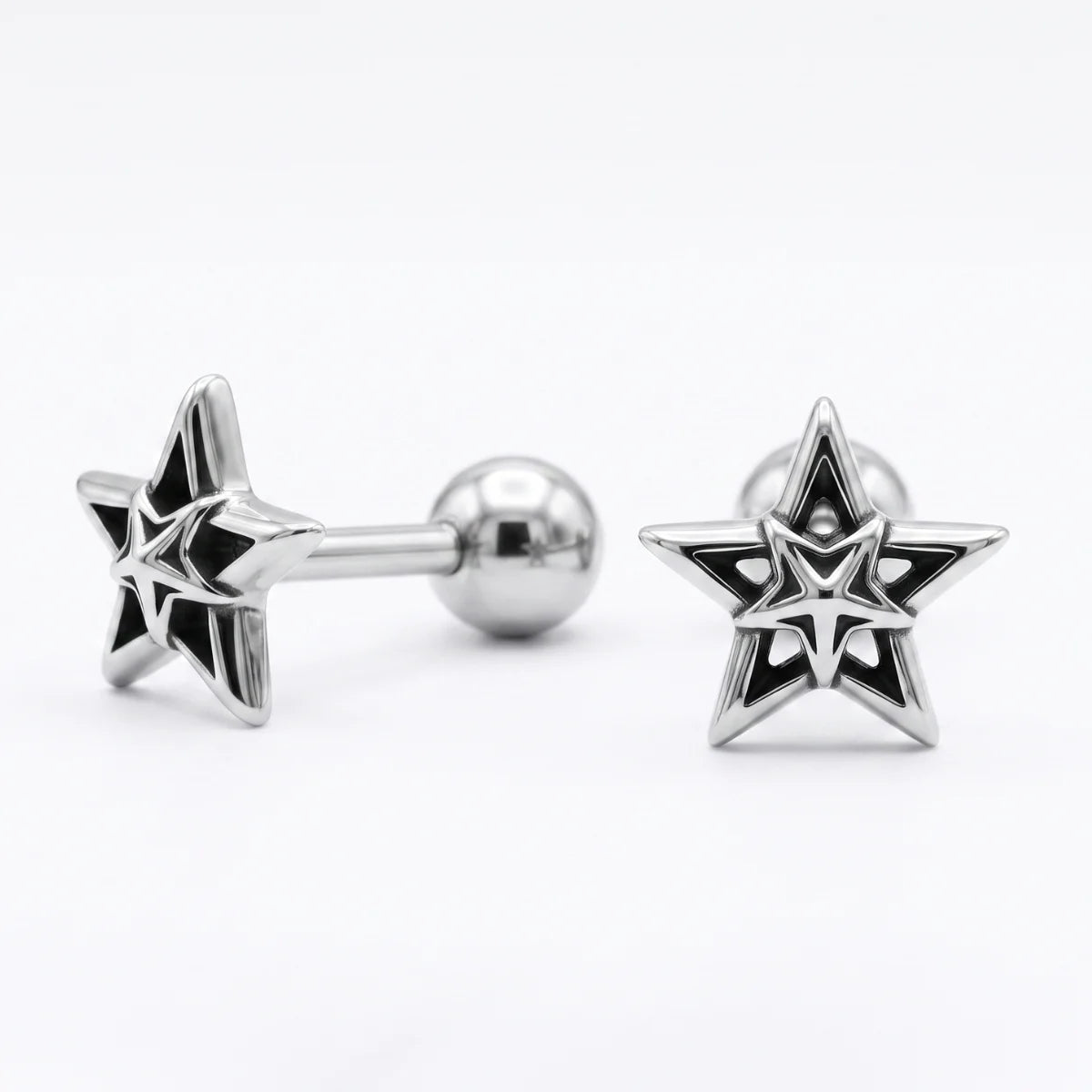 Star Cartilage Stud Earrings Silver Front and Side View White Background