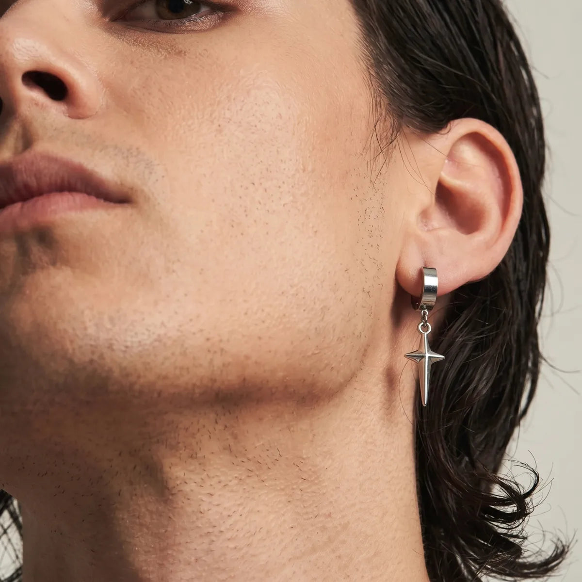 Star Dangle Earrings Silver Solid Star Thick Hoop Worn by Male Model